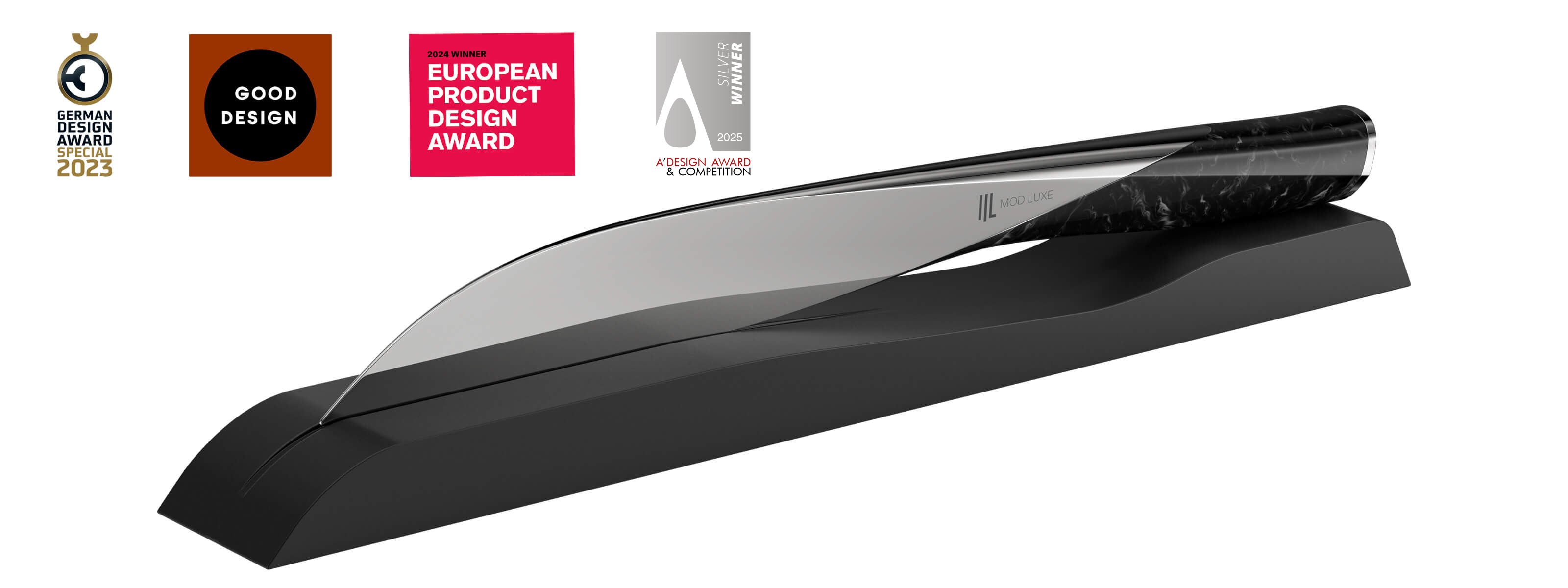 Award-winning SPLENDOUR Champagne Sabre by MOD LUXE on a wooden display, showcased with the German Product Design Award, European Product Design Award, Good Design Award and A Design Award 2025 logos against a white background.