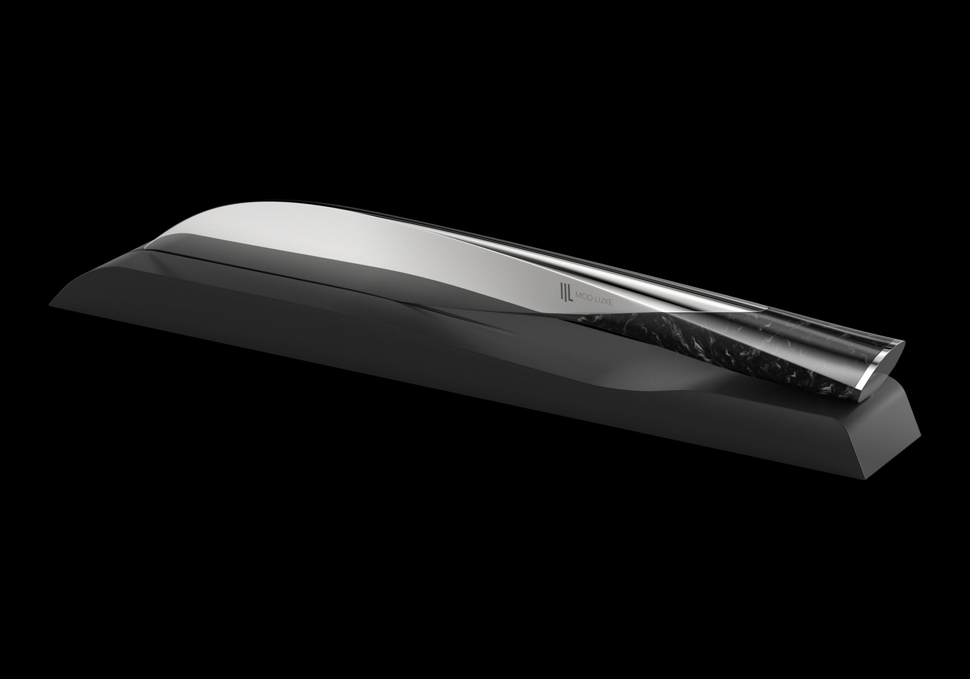 Side-angle view of the SPLENDOUR Champagne Sabre by MOD LUXE on a sleek wooden display, set against a black background, showcasing luxury craftsmanship.