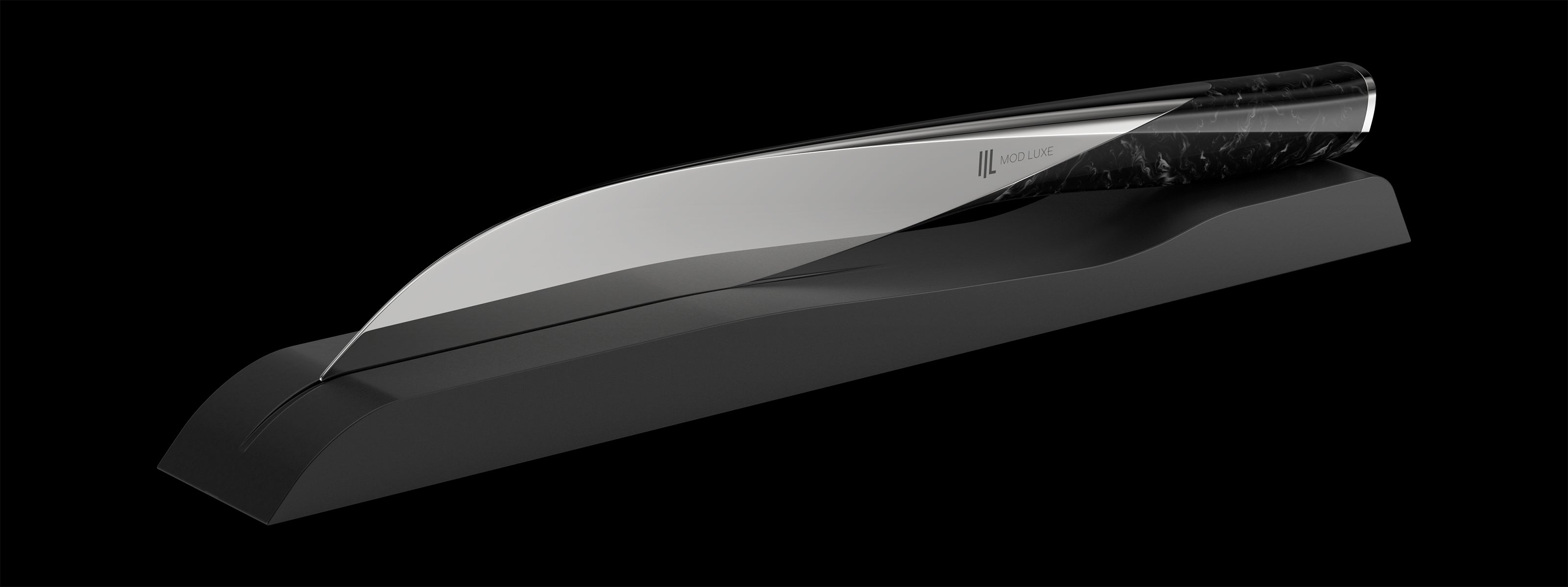 The SPLENDOUR Champagne Sabre by MOD LUXE rests elegantly on a black display base. This luxury champagne sabre is crafted with premium materials and features a minimalist design, perfect for gifting or adding a touch of elegance to any home bar.