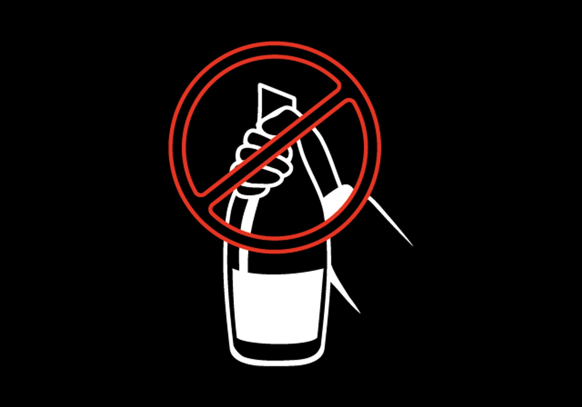 Hand-illustrated MOD LUXE icon with a warning symbol, showing a hand holding a champagne bottle by its neck, emphasizing never to hold the bottle this way during