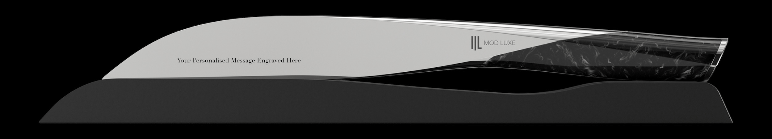 A personalised engraved stainless steel champagne sabre by MOD LUXE, designed for ceremonial sabrage and displayed on its stand, featuring a dynamic preview of three elegant engraving font styles.