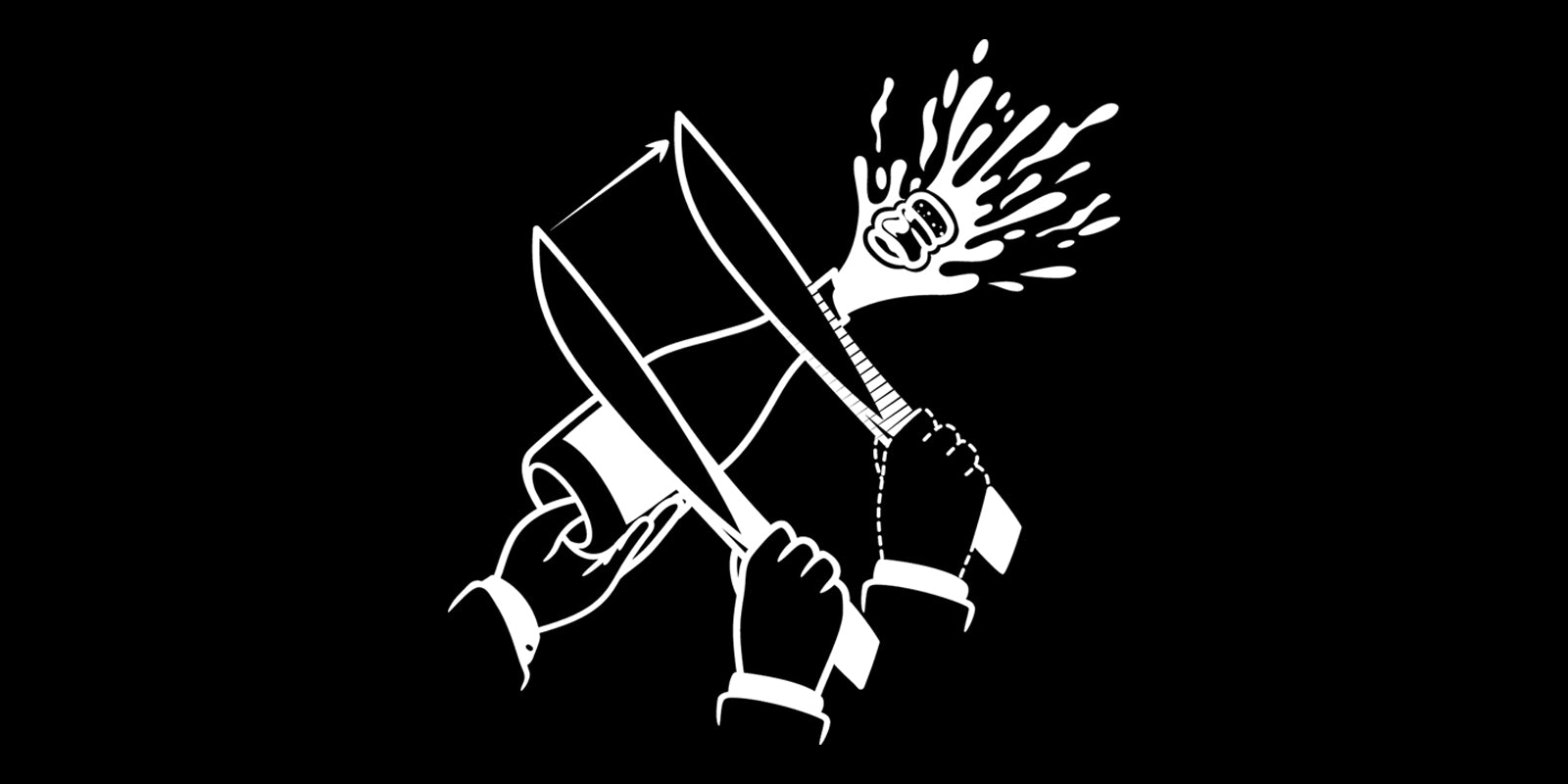 Hand-illustrated MOD LUXE icon demonstrating the sabrage strike, with a hand holding the sabre hitting the bottle at the seam where it meets the lip.