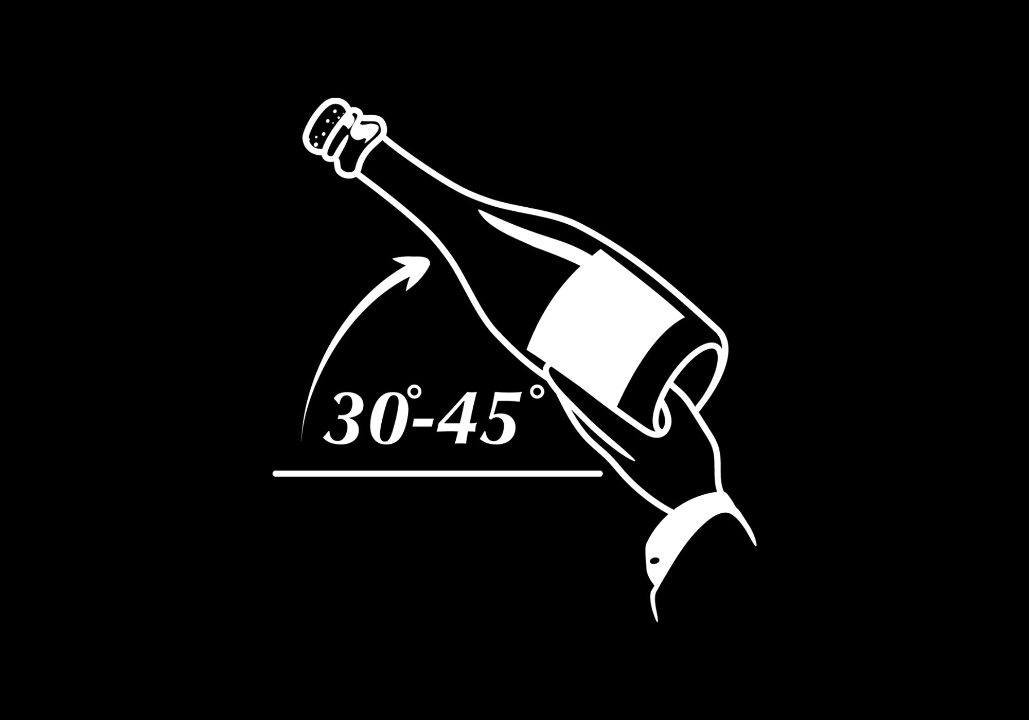 Hand-illustrated MOD LUXE icon showing a hand holding a champagne bottle tilted at a 30-45 degree angle, with the thumb in the punt for a stable grip during sabrage preparation.