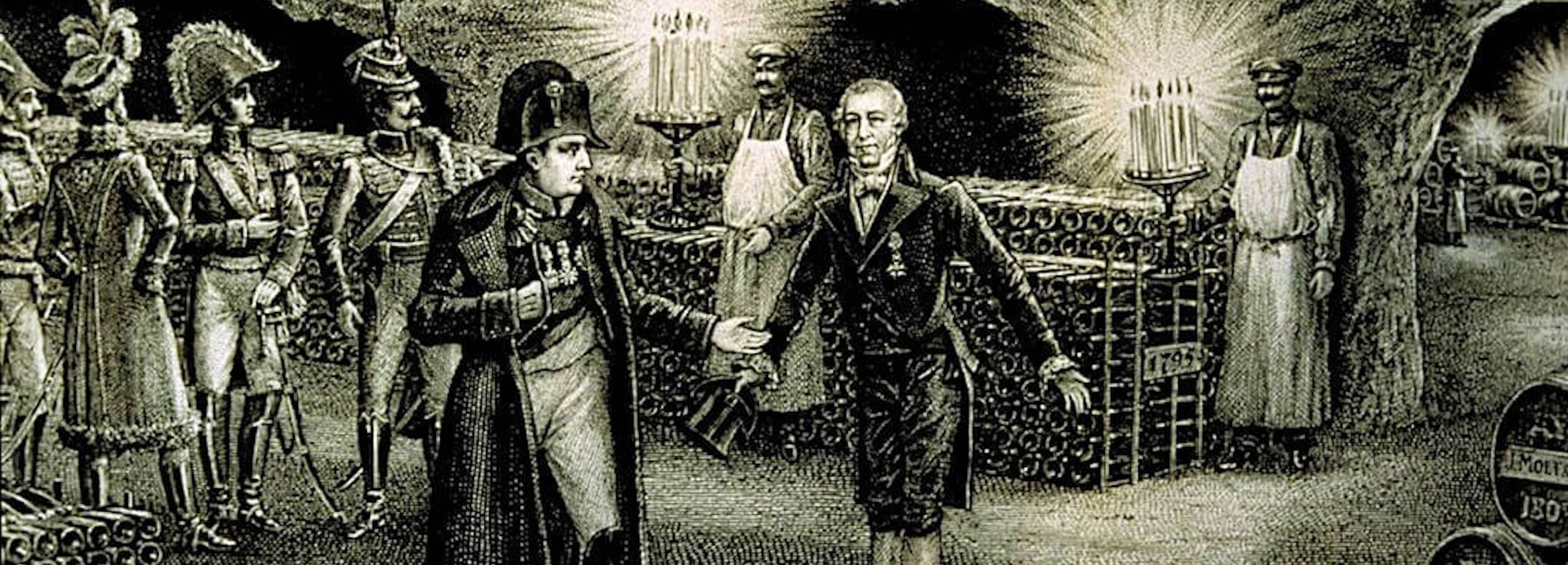 Hand-illustrated artwork of Napoleon Bonaparte visiting a champagne storage cellar, used as a blurred black-and-white background for the Art of Sabrage story.